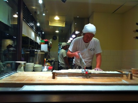 Fresh noodles being prepared. 